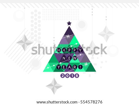 Merry christmas and happy new year green and violet xmas pine tree in geometric style, holiday decoration card design. EPS10 vector. Happy New Year 2018 !!!