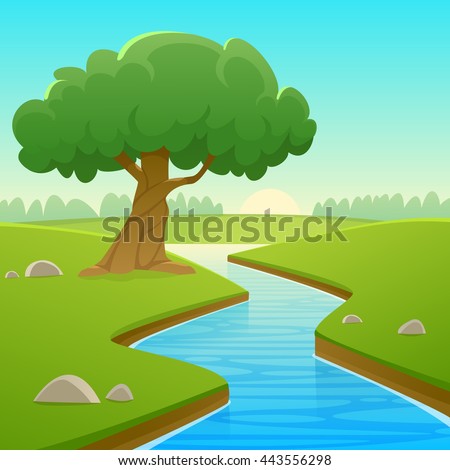 Cartoon Illustration Summer Rural Landscape River Stock Vector ...