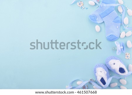 stock photo its a boy blue theme baby shower or nursery background with decorated borders on pale blue wood 461507668