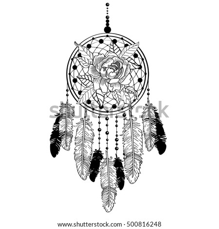 line drawing dream catcher decorated rose stock vector