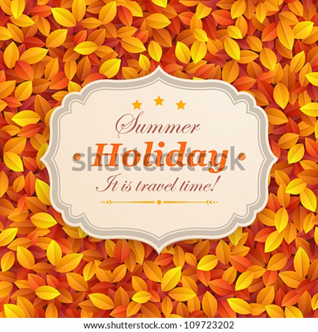 Vintage card on autumn leaves texture. Vector illustration.
