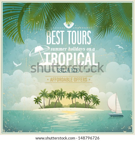 Vintage seaside view poster. Vector background.
