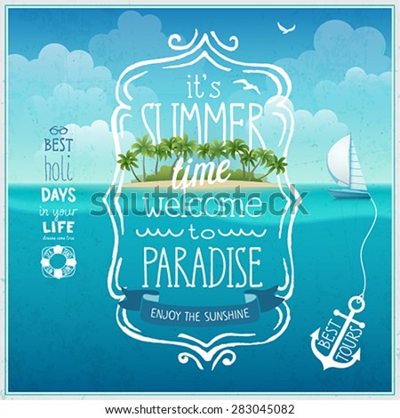 Summer time poster with tropical background.