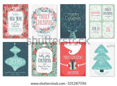 Christmas hand drawn card set. Vector illustration.