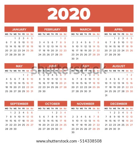Simple 2020 Year Calendar Week Starts Stock Vector 