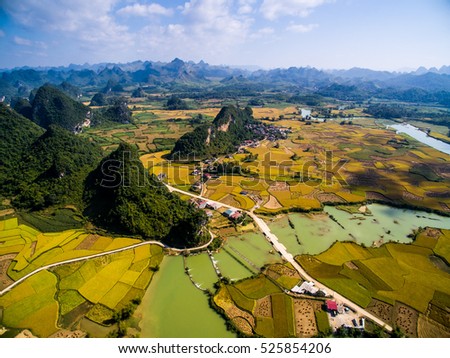 River and rice field from drone in Cao Bang province, Vietnam