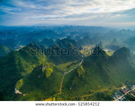 River and rice field from drone in Cao Bang province, Vietnam