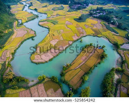 River and rice field from drone in Cao Bang province, Vietnam