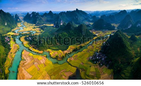 Beautiful landscape with rice field and mountain from drone in Cao Bang province, Vietnam