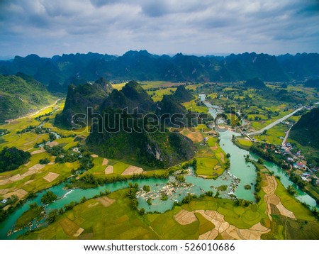 Beautiful landscape with rice field and mountain from drone in Cao Bang province, Vietnam
