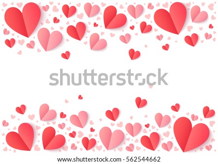 Red and pink folded paper hearts isolated on white, Valentines Day vector background