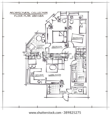 Architectural Hand Drawn Floor Plan Bedrooms 스톡 벡터 ...