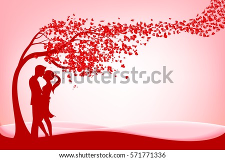 The Silhouette couple under three of love with heart on pink background vector illustration eps 10