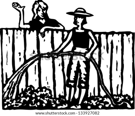 Black and white vector illustration of two women neighbors talking over ...