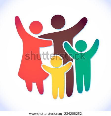 Happy family icon multicolored in simple figures. two children, dad and mom stand together. Vector can be used as logotype