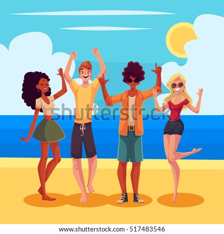 Young people dancing on the beach, cartoon style vector illustration. Young men and women, teenagers, boys and girls dancing at a seaside party in beach clothes on a wonderful sunny day