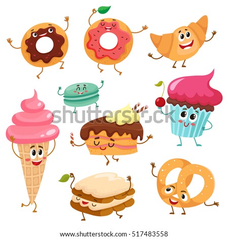 Set Funny Dessert Characters Donut Croissant Stock Vector ...