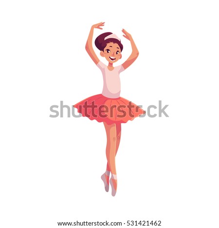 Little ballerina in pink tutu standing on toes, cartoon style vector illustration isolated on white background. Little ballet dancer in pink tutu, classical ballet, sixth position, toe stand, hands up