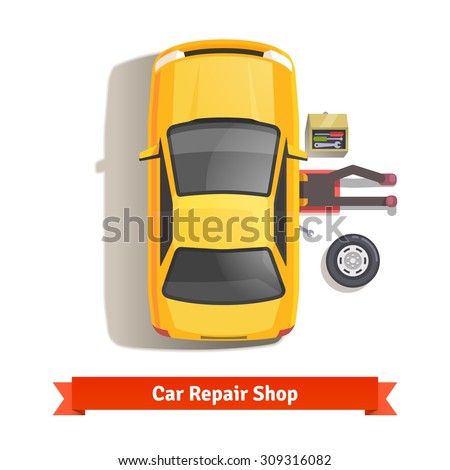 Car mechanic lying down under auto underbody doing repair work. Top view. Flat style vector illustration isolated on white background.