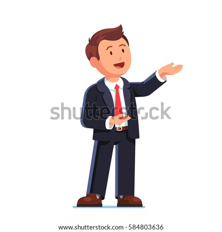 Business man manager in formal suit standing doing demonstrating, showing or presenting gesture with both hands. Salesman speaking. Modern flat style vector illustration isolated on white background.