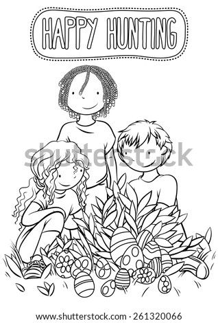 multiethnic group of happy kids hunting easter eggs together illustration for children coloring book - Children Coloring Book multiethnic group of happy kids hunting easter eggs together illustration for children coloring book - Children Coloring Book