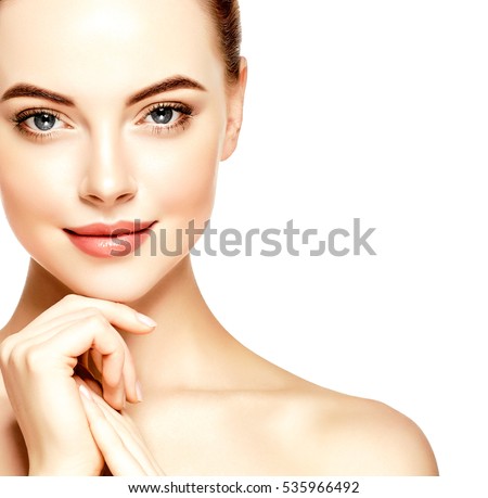 Beauty Woman face Portrait. Beautiful model Girl with Perfect Fresh Clean Skin color lips purple red. Youth and Skin Care Concept. Isolated on a white background