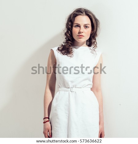 Stock Photo Beautiful Girl Curly Hair White Dress Portrait 573636622