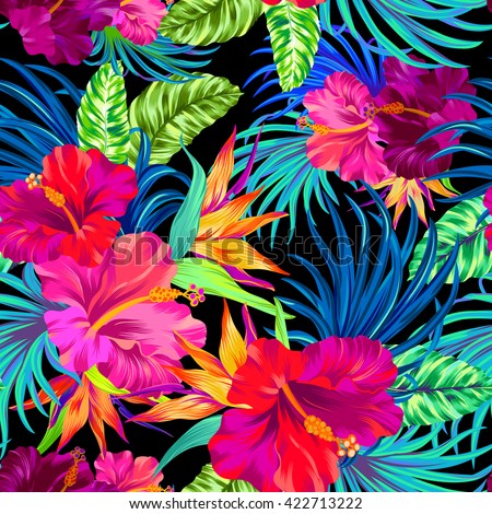 with hibiscus, palms, tropical flowers, leaves. art illustration 