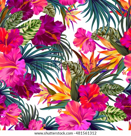vector seamless floral pattern in romantic colors. Exotic orchids, hibiscus, bird of paradise.
Amazing vector editable elements for design, fashion, stationery.