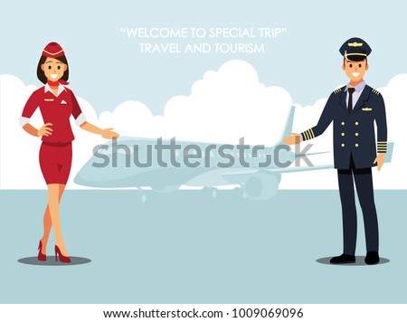 Welcome to travel by plane. Pilot, capitan , flying attendants ,air hostess , Vector illustration cartoon character