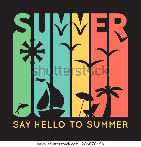 Summer typography with beach icons, t-shirt graphics on black background. Vector illustration. Banner of simple bright symbols of holidays. Sun, boat, palm tree, bird.