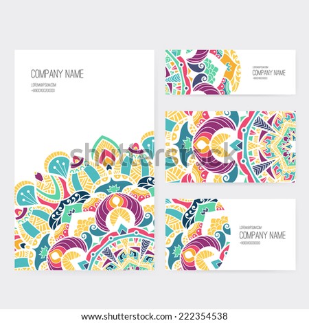 set of business card and invitation card templates with lace ornament vector background indian