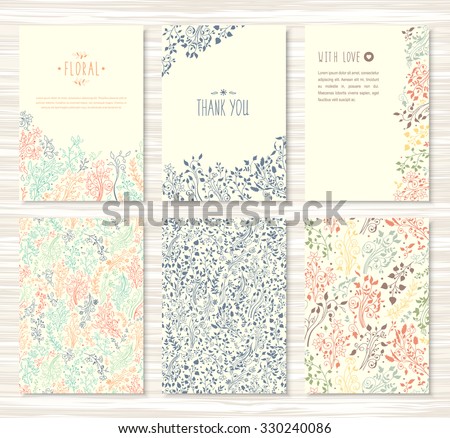 A beautiful set of flyers, brochures, templates design. Vintage cards with hand drawn flower patterns, ornaments. Floral decorations, leaves, flower texture. Spring, summer or autumn vector banners.
