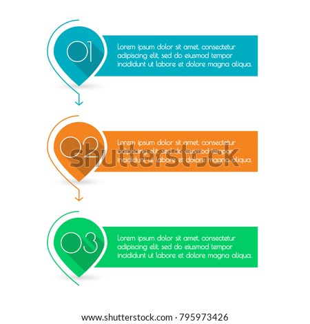 3 steps, levels or option with arrows. Pointers or map markers with numbers and space for text. Colorful number bullet points set. Menu interface design. Infographics template. Vector illustration.