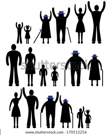 People silhouette family icon. Happy children, old man, woman grandchildren, parent together sign symbol pictogram person vector