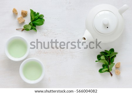 Fresh mint tea background with a space for a text, view from above