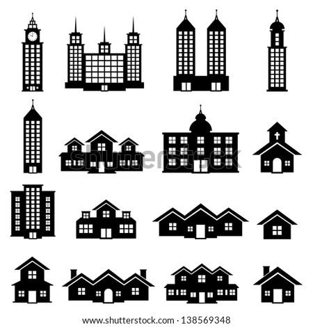 Building Vector Set Black White Stock Vector (Royalty Free) 138569348