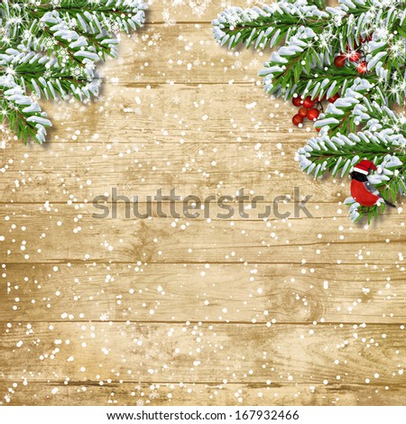 Christmas Wooden Background Snow Fir Tree Stock Photo 326831357 ...