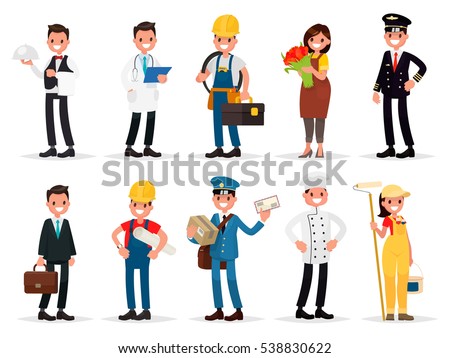 Set professions: waiter, doctor, electrician, florist, pilot, businessman, engineer, postman, cook, painter. Vector illustration in a flat style