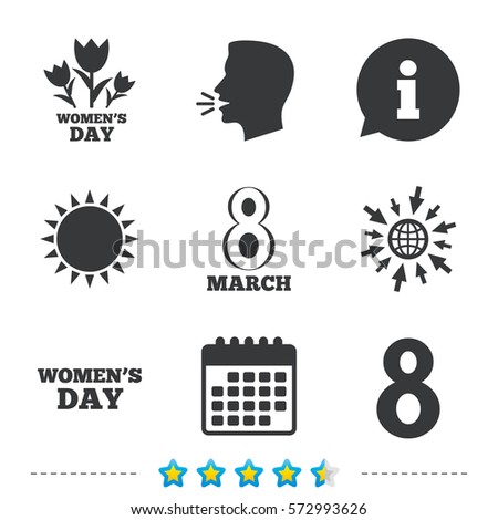 8 March Women's Day icons. Tulips or rose flowers bouquet sign symbols. Information, go to web and calendar icons. Sun and loud speak symbol. Vector