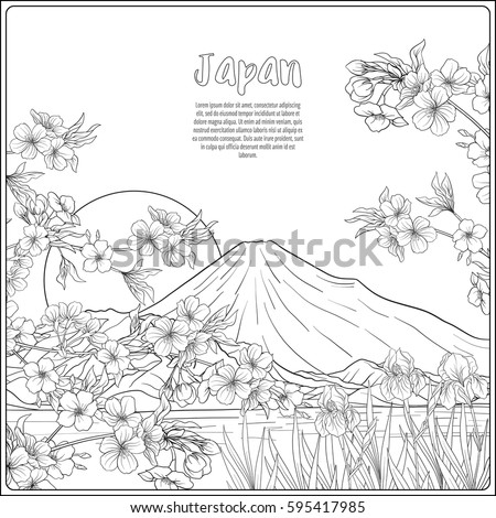 Japanese Landscape Mount Fuji Tradition Flowers Stock Vector 595417985