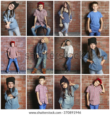 Collage of little fashion kids on bricks wall background