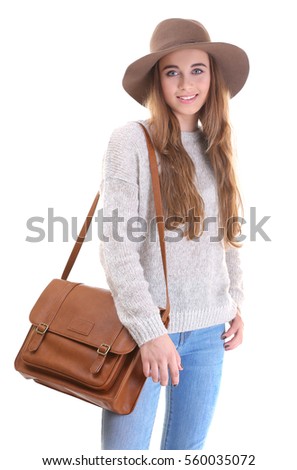 Pretty teenager girl on white background