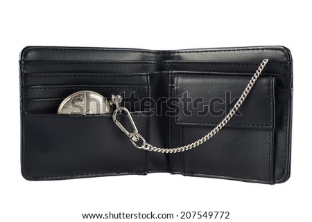 Old pocket watch in a black leather wallet billfold, isolated over the ...