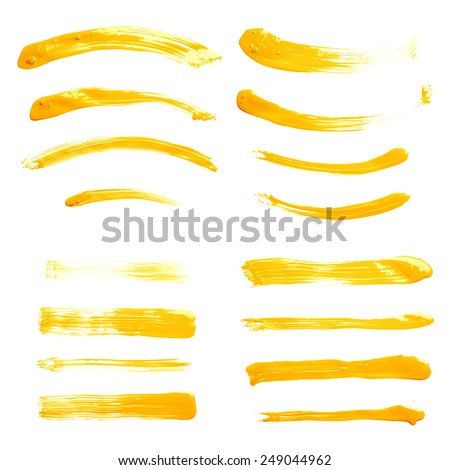 Set of multiple straight and curved oil paint handmade brush strokes isolated over the white background as a backdrop's design element collection