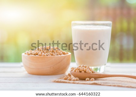 Soy milk in glass and soy bean on spoon it on white table background with lighting in the morning,healthy concept.