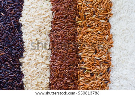 Jasmine rice, Brown rice, Red rice,Black rice, Mixed rice and Riceberry texture for background
