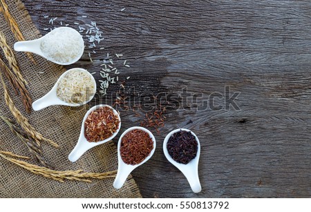 Jasmine rice, Brown rice, Red rice,Black rice, Mixed rice and Riceberry texture for background