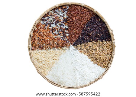 Jasmine rice, Brown rice, Red rice,Black rice, Mixed rice and Riceberry texture in pie shape for background