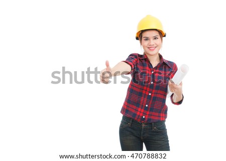 Asian engineer woman thumbs up with blueprints isolated on white background